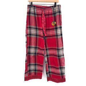 Womens Chicago Blackhawks Cute Red Plaid Embroidered Pajama Flannel Pants Sz L